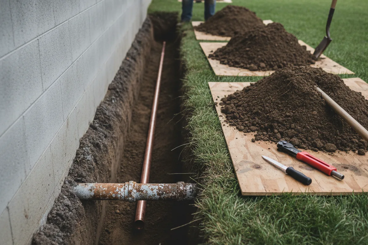 Excavated water line trench during Sewer Line Repair in Madisonville